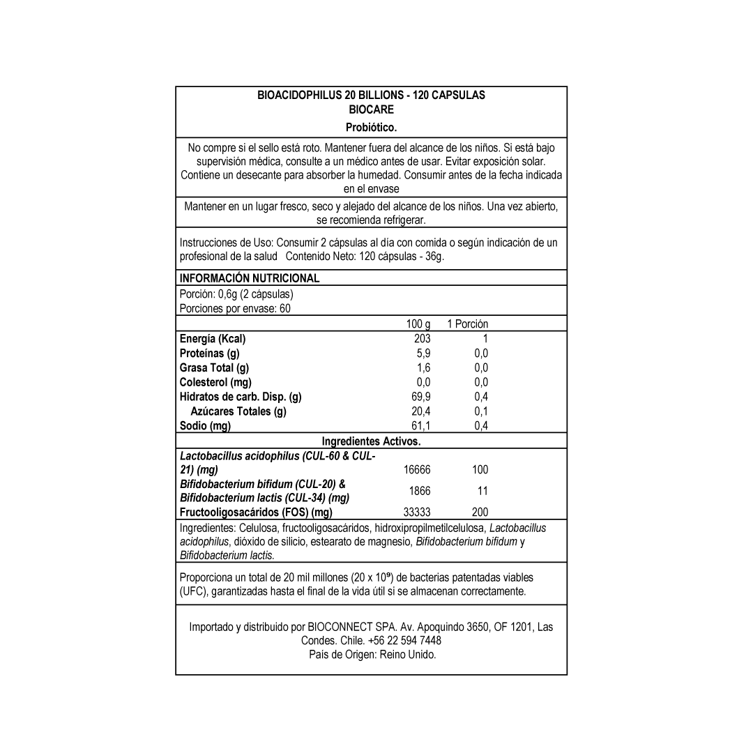 Probióticos - BioAcidophilus - 20 billones - 120 cápsulas