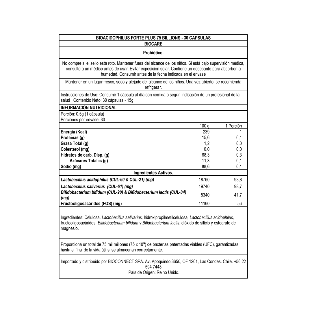 Probióticos - BioAcidophilus Forte Plus - 75 billones - 30 cápsulas