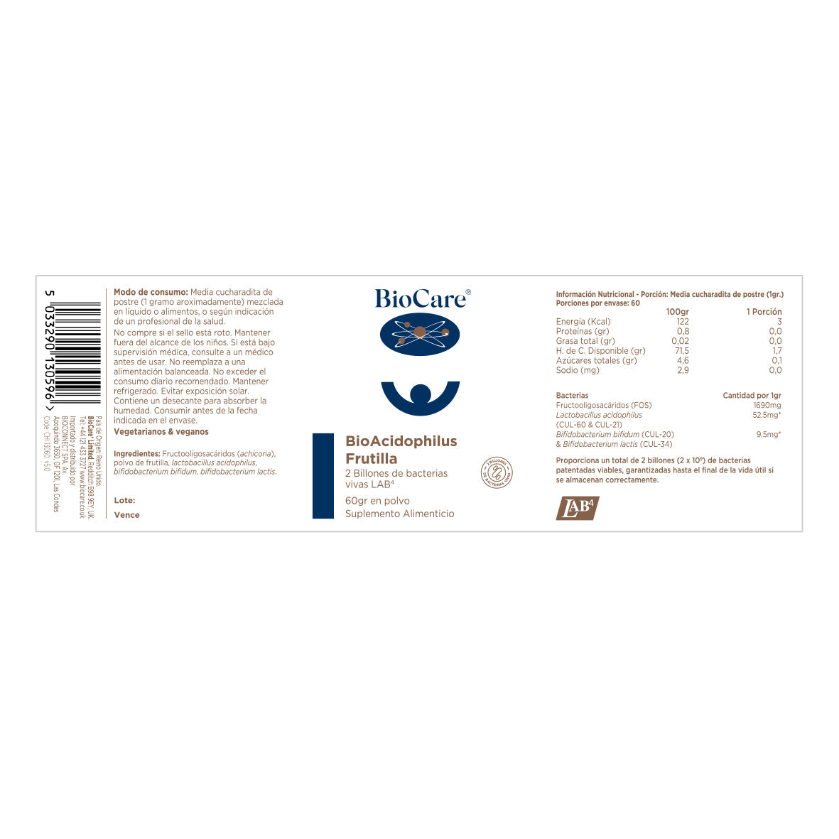 Probióticos - BioAcidophilus de Frutilla - En polvo (Salud intestinal, defensas, digestión)