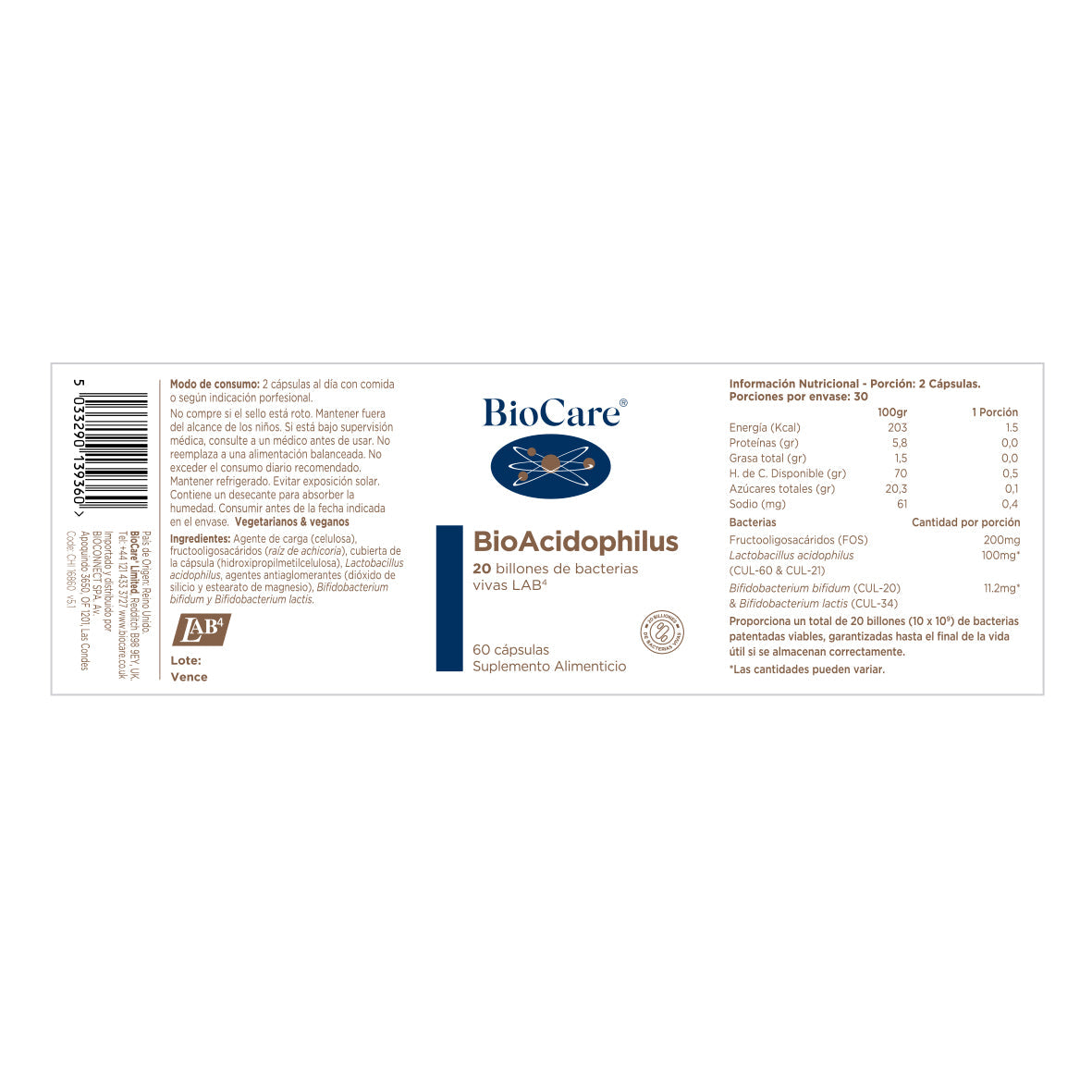 Probióticos - BioAcidophilus - 20 billones - 60 cápsulas