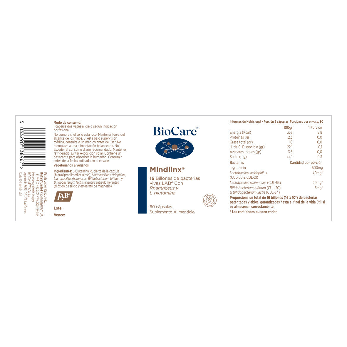 Probióticos - Mindlinx Complex con Glutamina libre de FOS 16 billones de UFC (SIBO, Celiacos, alergias, intolerancias)